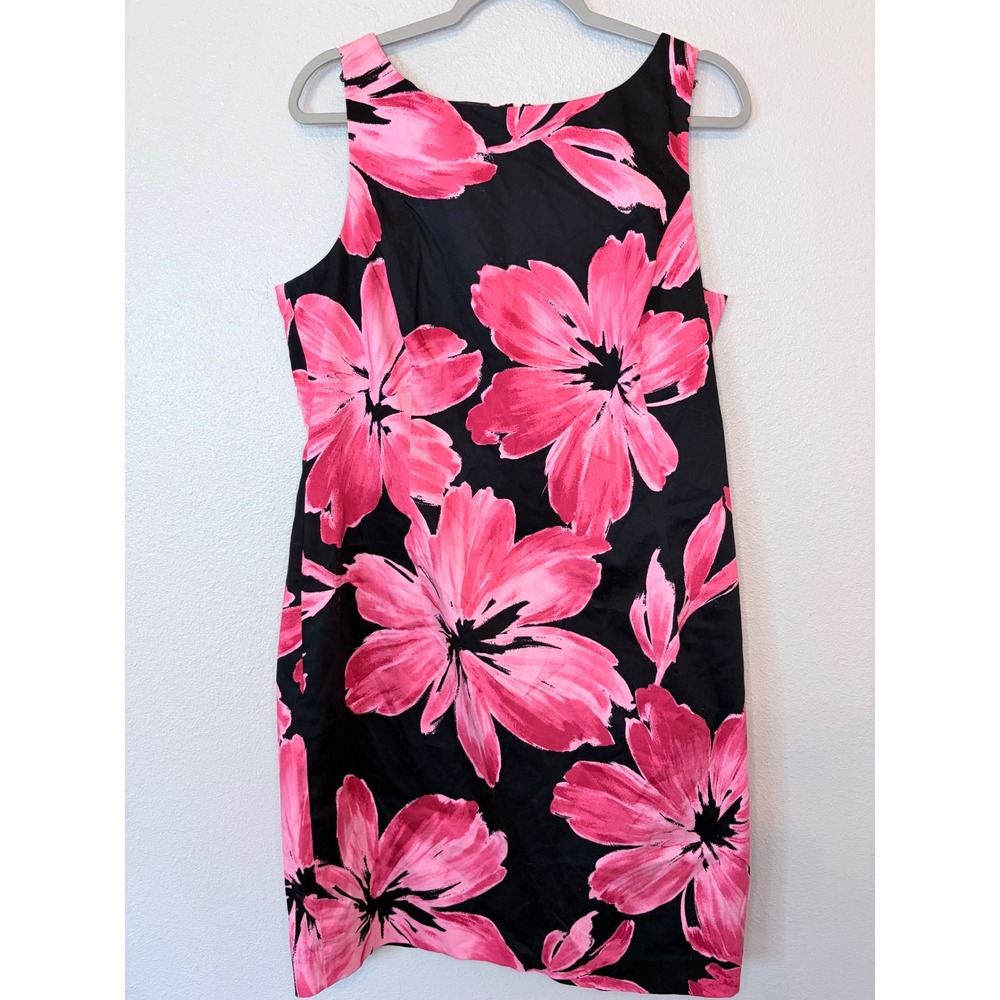 Jones New York Dress Womens 16 Pink Black Floral Sleeveless Sheath Boat Neck